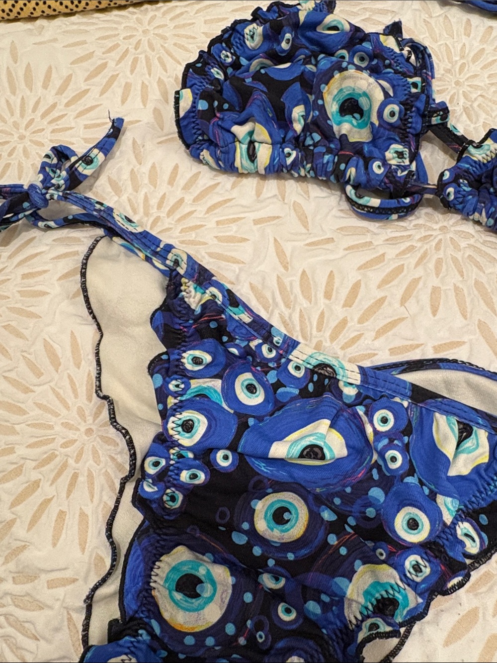 Brazilian Blue Evil Eye Patterned Side Tie String Bikini Set - Picture 4 of 7